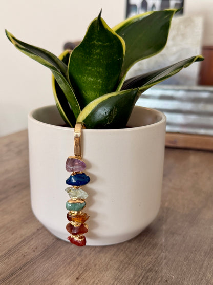 White Ceramic Pot with Aligned Chakra Pendant and Snake Plant